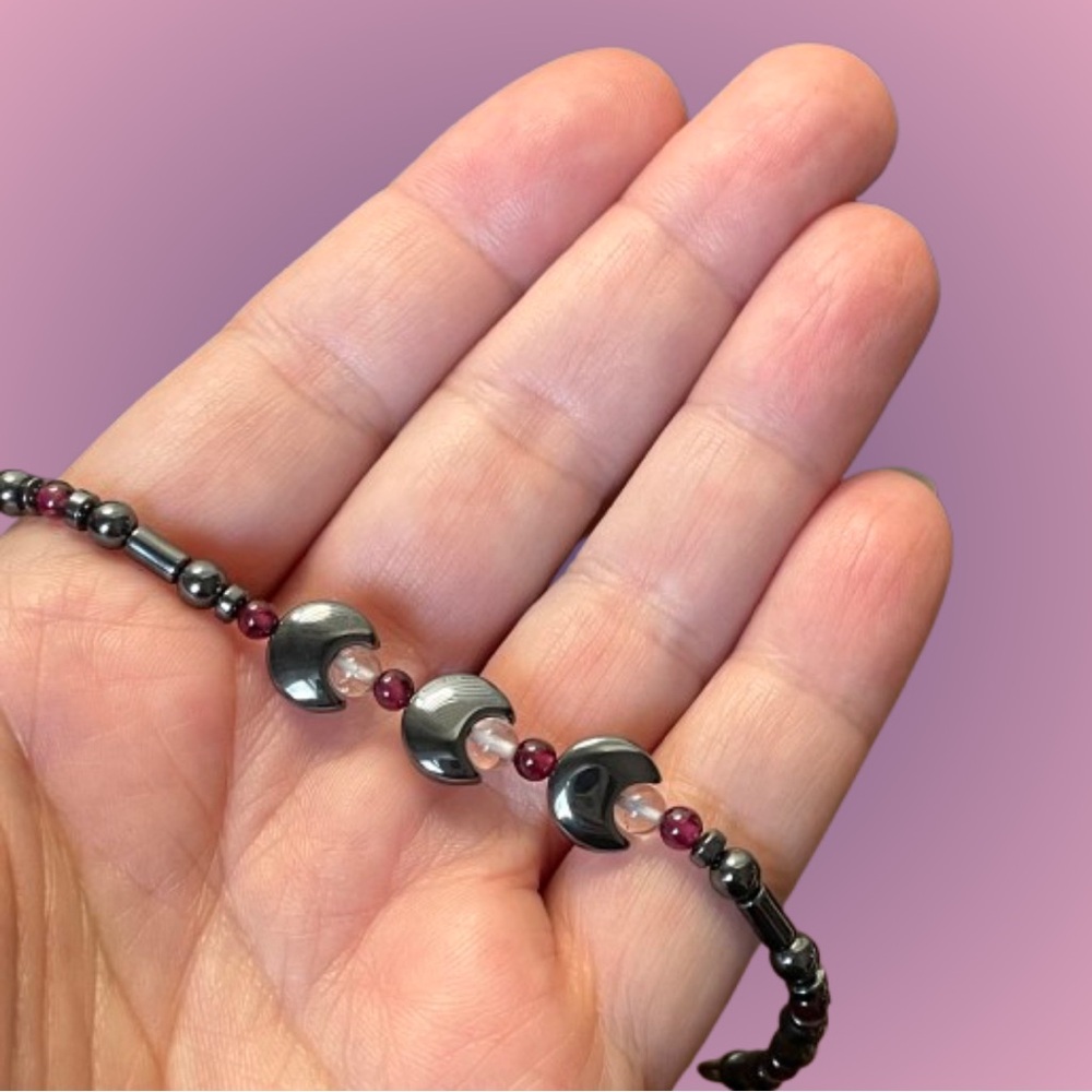 Vintage hematite bracelet w/ stamped sterling silver clasp & garnets (?)